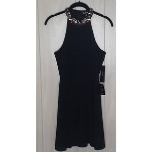 NWT Lulus Black Sleeveless Collar Embellished Fit and Flare Mini Dress Size S